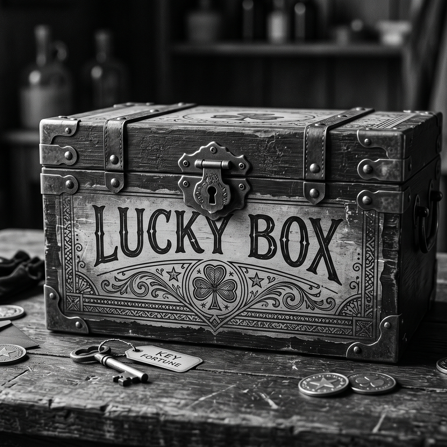 Vintage-style 'Lucky Box' on a wooden table with coins and keys.