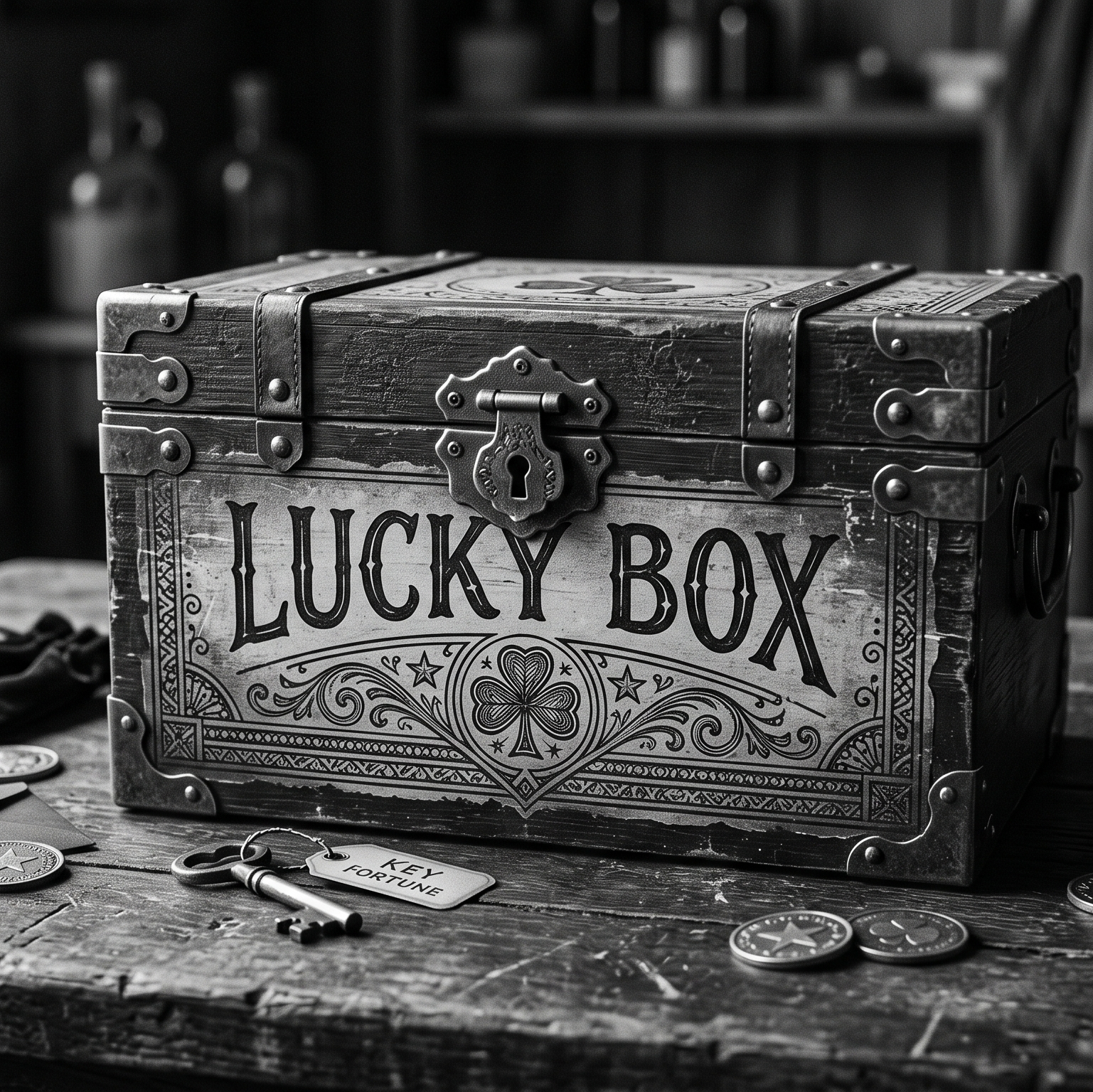 Vintage-style 'Lucky Box' on a wooden table with coins and keys.