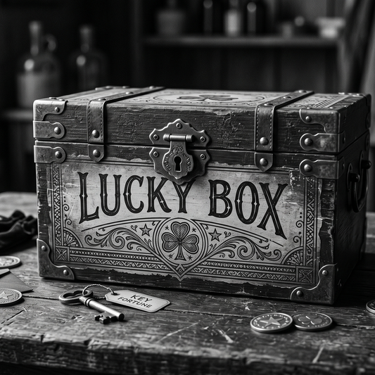 Vintage-style 'Lucky Box' on a wooden table with coins and keys.